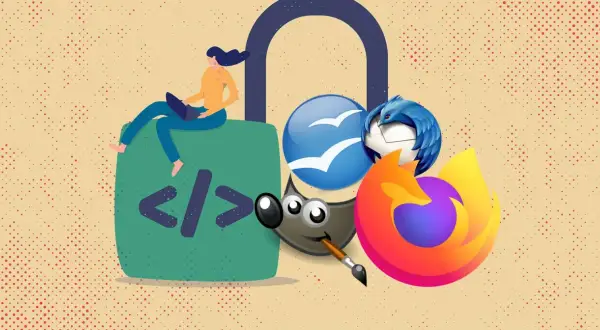 Kobieta z laptopem siedzi na zielonej kłódce z kodem. Wokół niej ikony popularnych programów: GIMP, Firefox, Thunderbird, Outlook. Ta aplikacja to centrum cyfrowego świata.