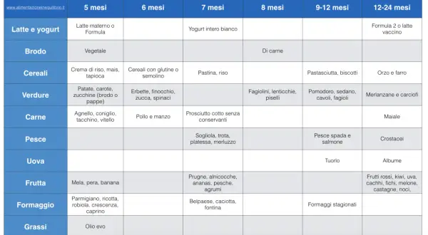 Tabella svezzamento 4 mesi: latte, brodo vegetale, cereali, verdure, carne, pesce, uova, frutta, formaggi e grassi.