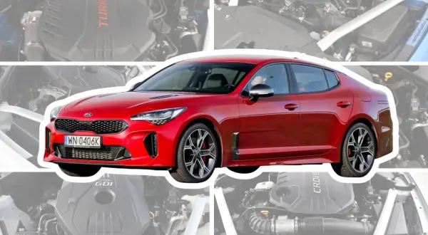 Czerwone Kia Stinger na tle silnika. Wiele osób szuka kia stinger opinie, ten model zachwyca mocą.
