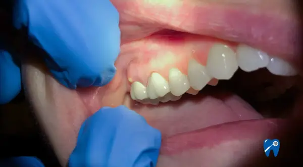 Widoczne ropa w zębie, zaczerwienione dziąsło i zęby. Rękawiczki dentystyczne uwidaczniają problem.