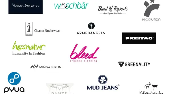 Logos von nachhaltige mode marken wie Nudie Jeans, Hessnatur, Armedangels, Mud Jeans und Freitag.