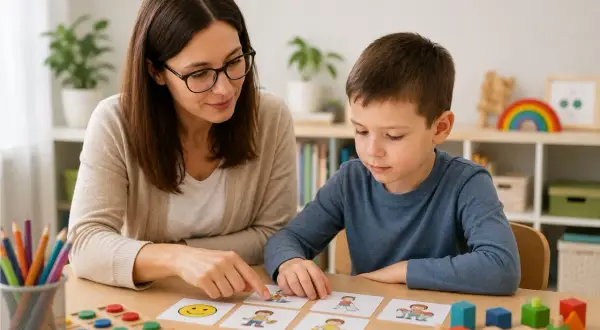 Nauczycielka prowadzi zajęcia rewalidacyjne w przedszkolu, ćwicząc z chłopcem rozpoznawanie emocji i postaci na kartach.