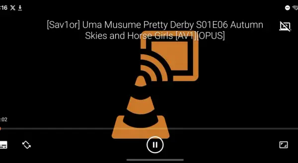 VLC Chromecast not working: The screen shows an error icon with a traffic cone and Wi-Fi signal, indicating a connection issue while trying to stream "Uma Musume Pretty Derby.