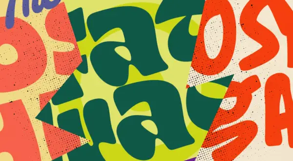 Abstract art with bold, rounded, cozy fonts in green, orange, and purple, layered over a textured background.