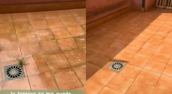 Antes y después de limpiar el verdín del suelo de la terraza. ¡Quedó impecable!