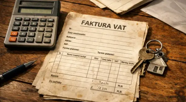 Klucze do domu i stara faktura VAT leżą obok kalkulatora. Dokumenty sugerują rozliczenia finansowe, być może związane z zakupem nieruchomości.
