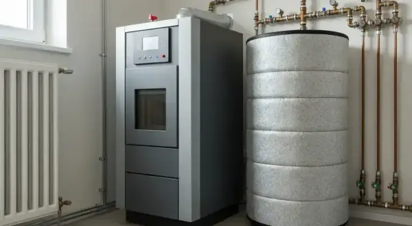 Nowoczesny bufor do pieca, obok grzejnika i instalacji grzewczej, zapewnia efektywne ogrzewanie domu.