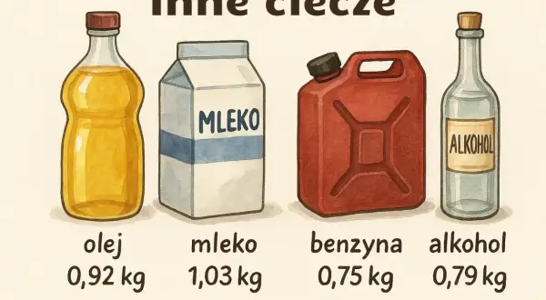 Porównanie gęstości: olej (0,92 kg), mleko (1,03 kg), benzyna (0,75 kg) i alkohol (0,79 kg). Ile waży wódka? Okazuje się, że alkohol waży 0,79 kg.