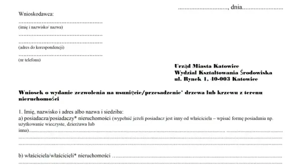 Wniosek o zezwolenie na wycinkę drzew na działce. Dokument zawiera dane wnioskodawcy i adresata (Urząd Miasta Katowice).