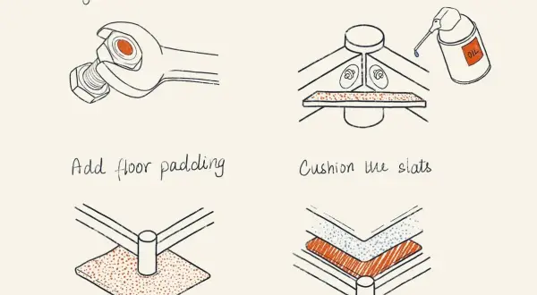 Illustrations show how to stop squeaky bed: tighten screws, oil joints, add floor padding, and cushion slats.