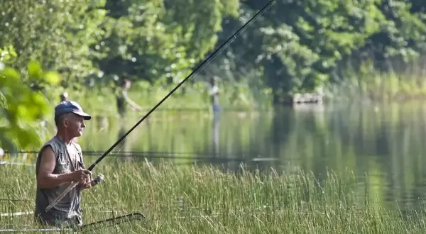 Mężczyzna z wędką w ręku, otoczony wysoką trawą, cieszy się spokojnymi godzinami brania ryb nad jeziorem.