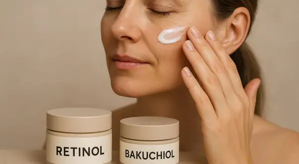 Kvinna applicerar kräm i ansiktet. Två burkar syns, en med texten "RETINOL" och en med "BAKUCHIOL".