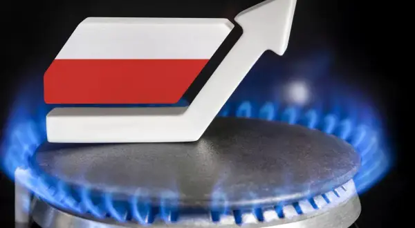 Płomień gazu na kuchence z symbolem wzrostu i flagą Polski.