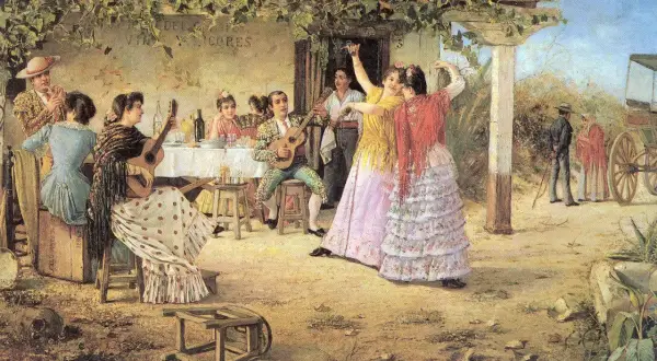 Un grupo celebra con música y baile, mostrando curiosidades de las sevillanas. Guitarra, castañuelas y trajes vibrantes llenan la escena.