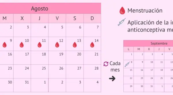 Calendario de agosto y septiembre. El 8 de agosto se marca la aplicación de la inyección anticonceptiva mensual.