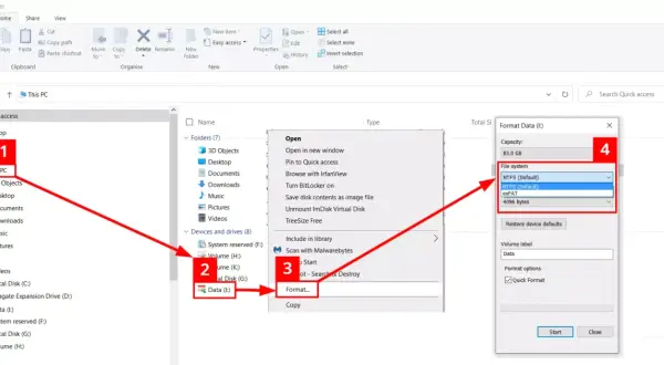 Guía visual para formatear disco duro desde cmd. Selecciona "Este equipo", haz clic derecho en la unidad, elige "Formatear" y selecciona el sistema de archivos.