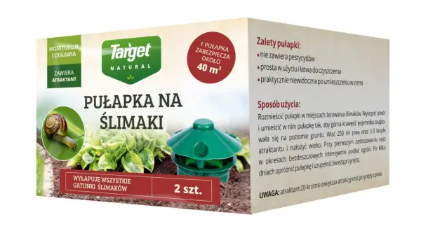 Opakowanie pułapki na ślimaki Target Natural. Instrukcja podpowiada, jak zrobić pułapkę na ślimaki z piwa, używając dołączonego atraktantu.