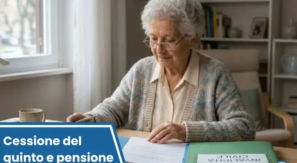 Anziana esamina documenti, con la dicitura "Cessione del quinto e pensione di invalidità". La pensione di invalidità fa reddito.