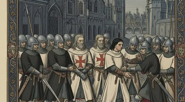 Rycerze templariusze w białych płaszczach z krzyżami i w zbrojach, stojący przed katedrą.