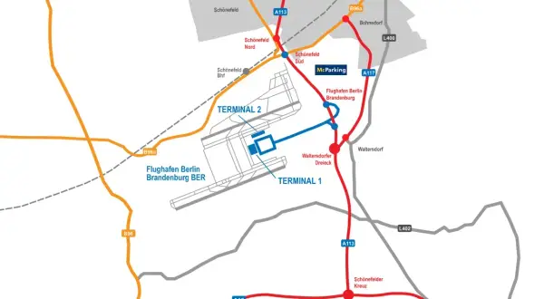 Mapa lotniska w Berlinie Brandenburg BER z terminalami 1 i 2, parkingiem McParking oraz drogami dojazdowymi A113, B96a.