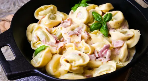 Frische Tortellini mit Schinken in cremiger Sauce, garniert mit Basilikum. Ein Genuss, wenn man Tortellini selber machen möchte.