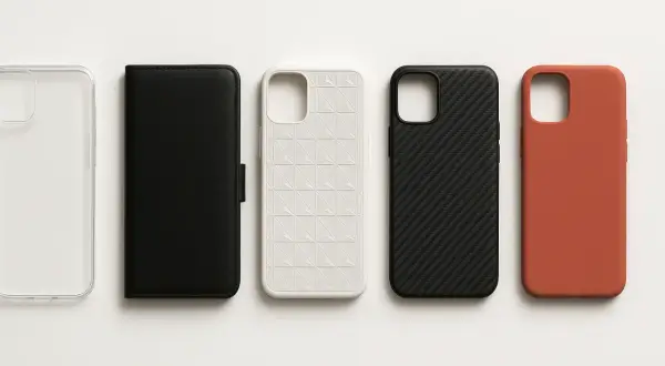 Coque TPU, c'est quoi ? Cinq coques de téléphone : transparente, noire portefeuille, blanche texturée, noire carbone, et orange.
