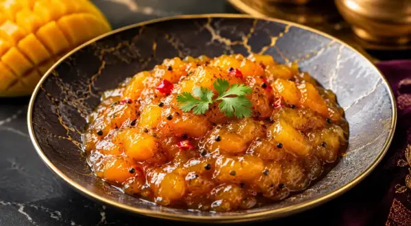 En skål med gyllene mangobitar, kryddad med chili och koriander. Perfekt för ditt mango chutney recept.