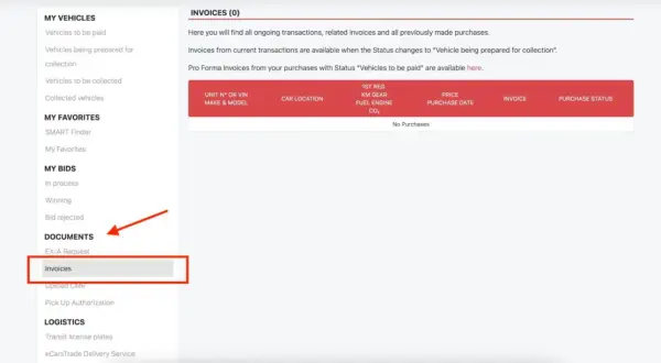 Dokumenty: faktury (0). Sekcja "Invoices" jest podświetlona, gotowa do przeglądania historii zakupów i faktur rdw.