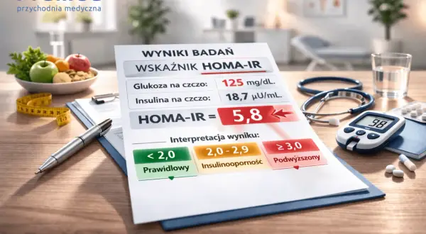 Wynik badania HOMA-IR: 5,8. Na stole leżą glukometr, stetoskop i owoce.