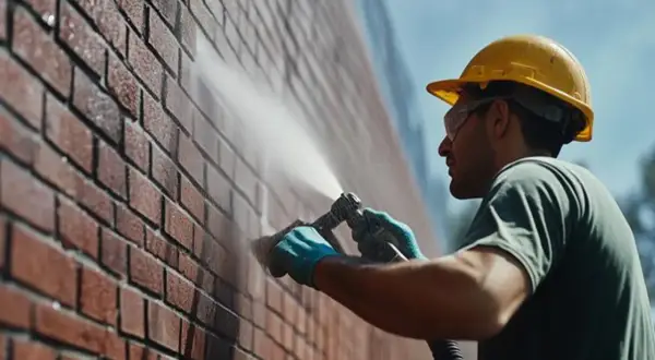 Un ouvrier en casque jaune applique un produit pour imperméabiliser un mur extérieur en briques avec un pulvérisateur.