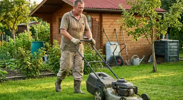 Mężczyzna w ogrodzie wykonuje wałowanie trawnika, pchając kosiarkę. W tle drewniana szopa i inne narzędzia ogrodnicze.