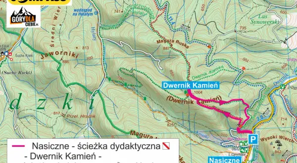 Mapa szlaku dydaktycznego "Dwernik Kamień" w Beskidach. Trasa prowadzi przez malownicze tereny, z zaznaczonymi punktami widokowymi i wodospadami.