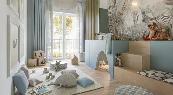 Ein fantasievolles Kinderzimmer einrichten Junge mit Dschungel-Tapete, Spielhaus und vielen Kuscheltieren.