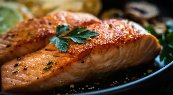 Zwei saftige Filets von gekochtem Lachs, garniert mit Petersilie und Gewürzen, liegen auf einem Teller neben Pilzen und Zitronenscheiben.