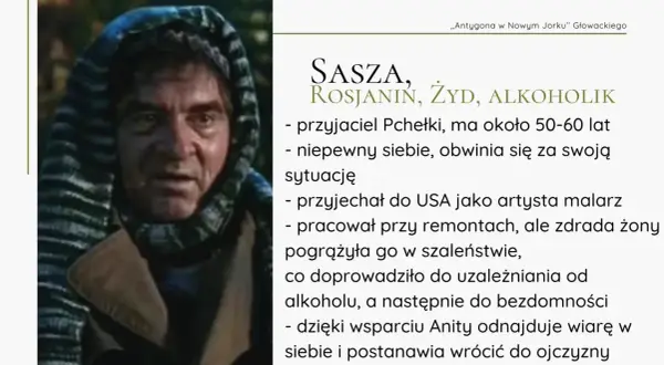 Sasza, Żyd, alkoholik, przyjaciel Pchełki, w spektaklu "Antygona w Nowym Jorku".