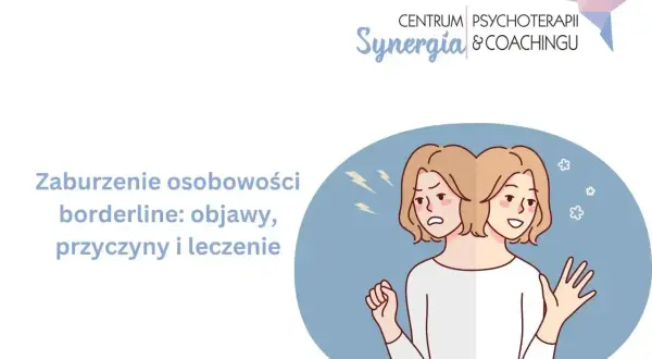 Ilustracja przedstawia dwie twarze tej samej osoby, symbolizujące zmienne osobowość borderline cechy. Jedna twarz wyraża smutek, druga radość.