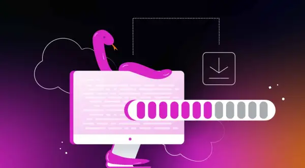 Un serpent rose s'enroule autour d'un écran d'ordinateur affichant du code. Une barre de progression indique le téléchargement, symbolisant l'installation de Python sur Debian.