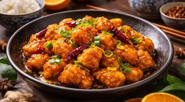 En skål med krispig, glaserad orange chicken, toppad med salladslök och chilifrukter. Bredvid syns ris, apelsinskivor och ingefära.