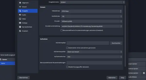 Einstellungen für einen Twitch Stream einrichten: Video- und Audiobitrate, Encoder und Aufnahmeeinstellungen in OBS.