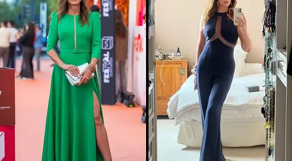 Mariló Montero luce un vestido verde con abertura y un mono azul, mostrando su elegancia en dos momentos distintos.