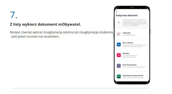 Telefon z aplikacją mObywatel, wyświetlający listę dokumentów do dodania.
