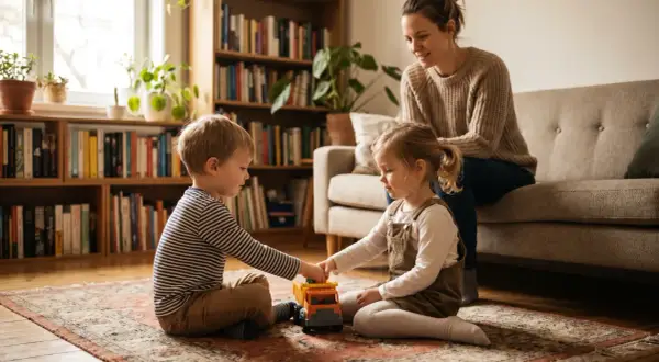 Chłopiec i jego siostra bawią się ciężarówką na dywanie, podczas gdy mama patrzy z kanapy.