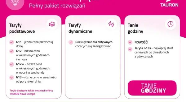 Tauron prezentuje taryfy prądu: podstawowe (G11, G12, G12w, G13), dynamiczne i tanie godziny (G13s).