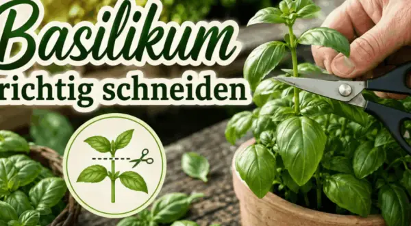 Frische Basilikum-Pflanze wird mit einer Schere beschnitten, um das Wachstum zu fördern.