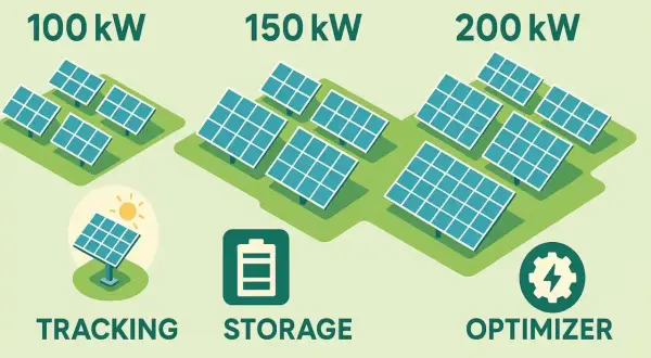 Ilustracja porównuje wielkość farm fotowoltaicznych: 100 kW, 150 kW i 200 kW. Pokazuje też opcje: śledzenie słońca, magazynowanie energii i optymalizację.