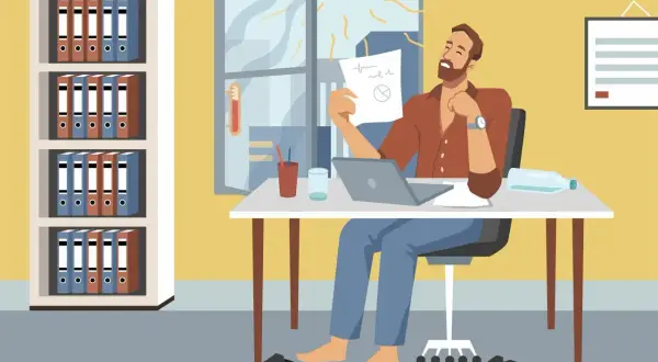 Mann genießt die Hitze beim Arbeiten, mit offenem Fenster und Thermometer. Er hat seine Schuhe ausgezogen und hält ein Dokument hoch.