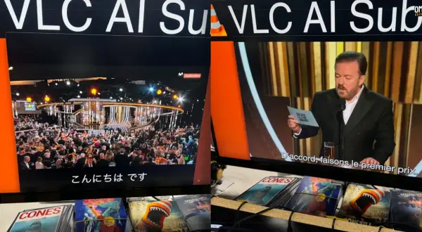 Ricky Gervais at the Golden Globes, with VLC automatic subtitles displaying in Japanese and French.