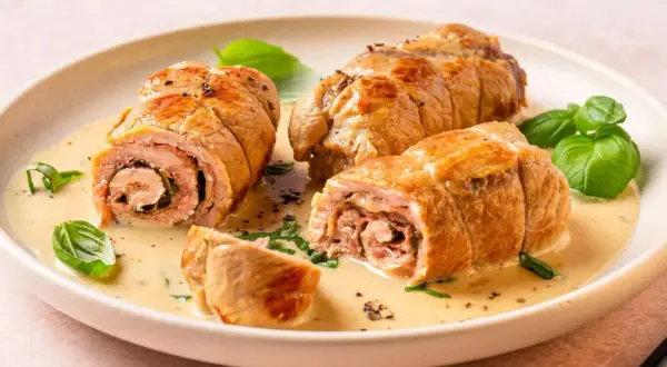 Kalbsrouladen in cremiger Sauce mit Basilikum garniert.