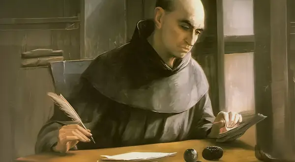 Pedro de Atarrabia, un monje con tonsura, escribe con pluma en un escritorio lleno de papeles.