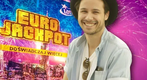 Uśmiechnięty mężczyzna na tle logo Eurojackpot. Jego historia to przestroga: prawdziwa historia polaka który wygrał w eurojackpot i stracił wszystko w rok.